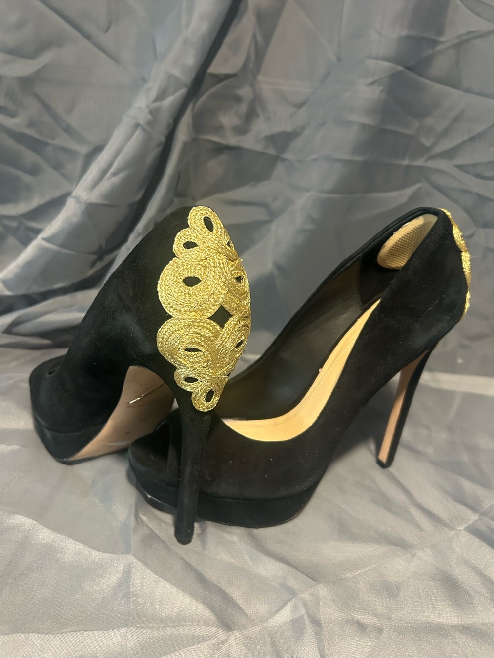 Brian Atwood Black Suede Peep-Toe Pumps with Gold Embroidery 8.5